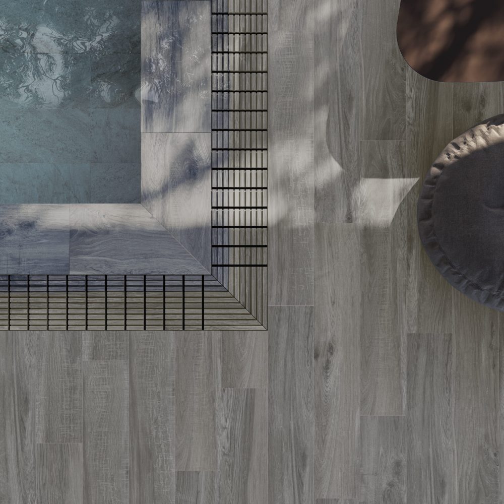 SERIE MADERA-YUKON 20X120 + WHITE STONE- Piscina DETALLE CENITAL